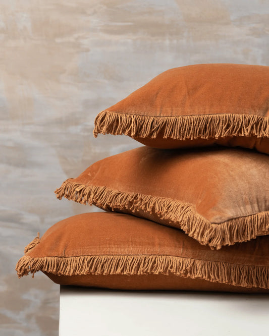Velvet Bolster Fringed Cushion | Terracotta