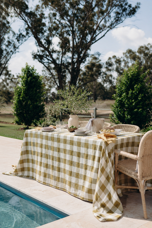 100% Linen Tablecloth in Olive Check