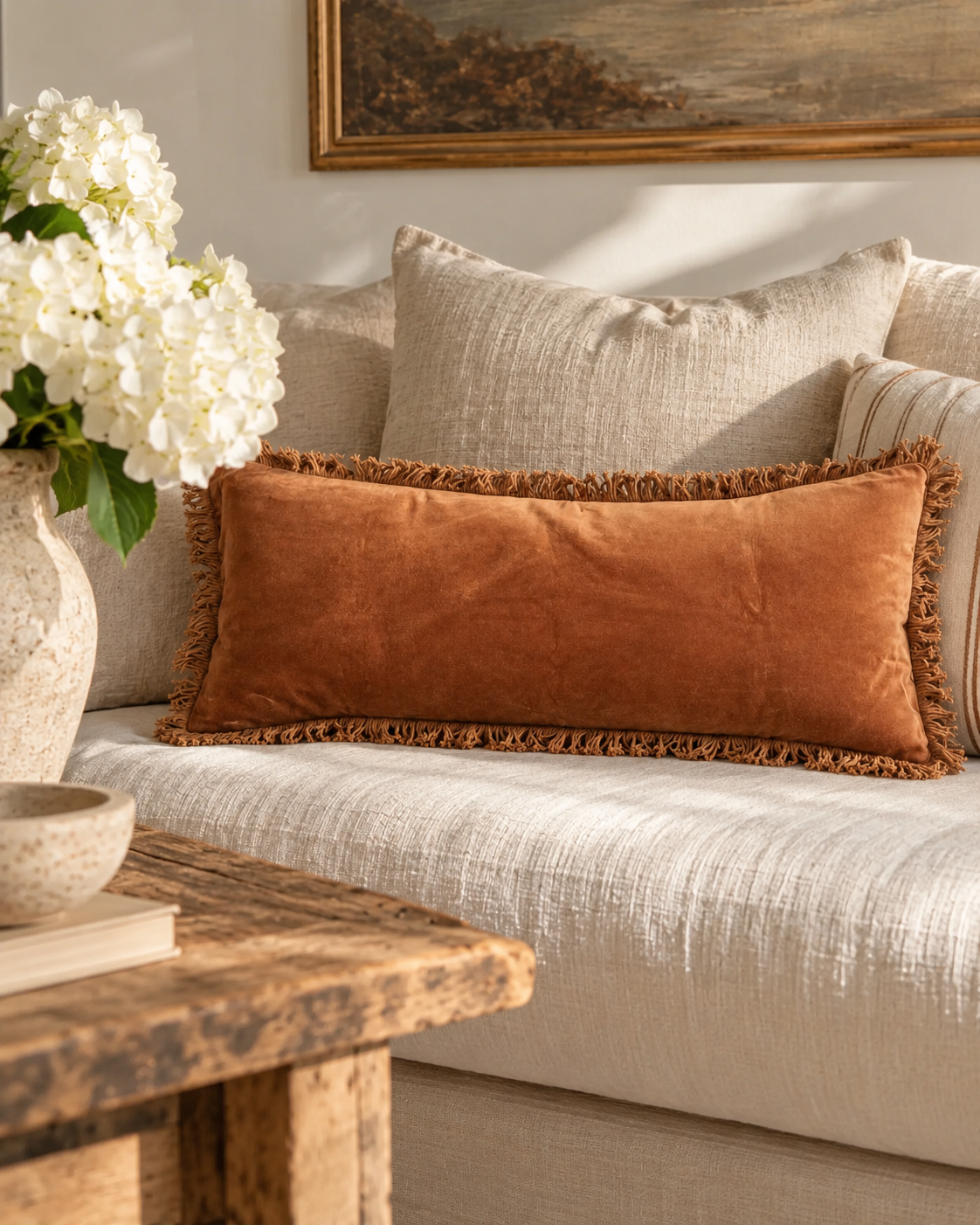 Velvet Bolster Fringed Cushion | Terracotta