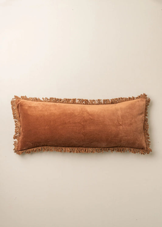 Velvet Bolster Fringed Cushion | Terracotta
