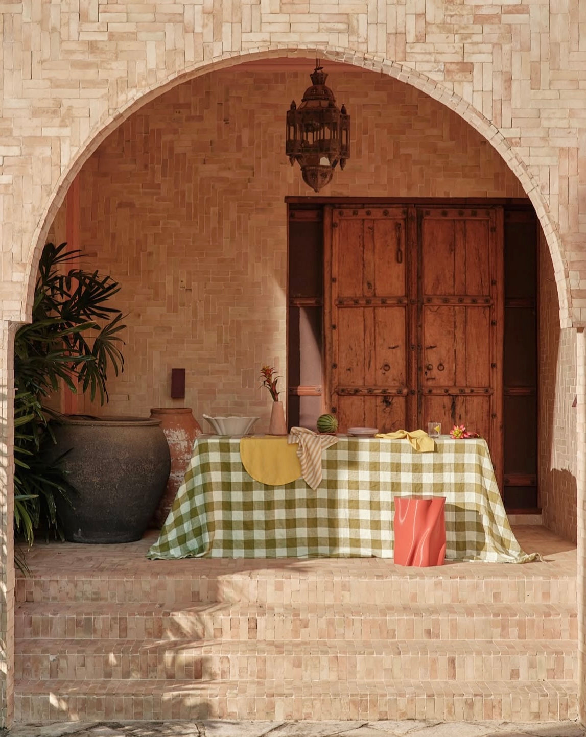 100% Linen Tablecloth in Olive Check