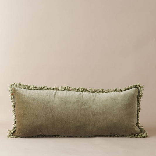 Velvet Bolster Cotton Cushion | Olive